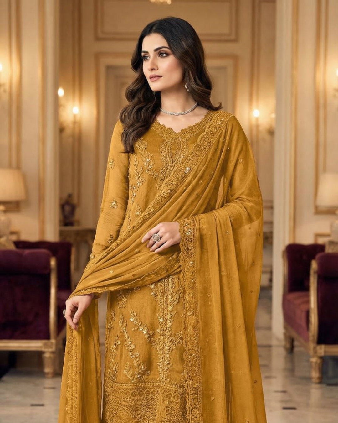 3-Piece Heavy Embroidered Chiffon Suit with Silk Trouser