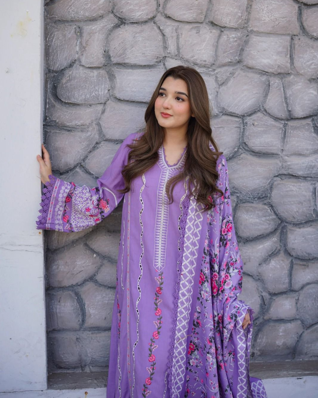 3-Piece Chikankari Embroidered Lawn Suit with Digital Silk Dupatta