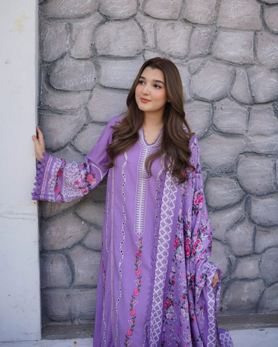 3-Piece Chikankari Embroidered Lawn Suit with Digital Silk Dupatta