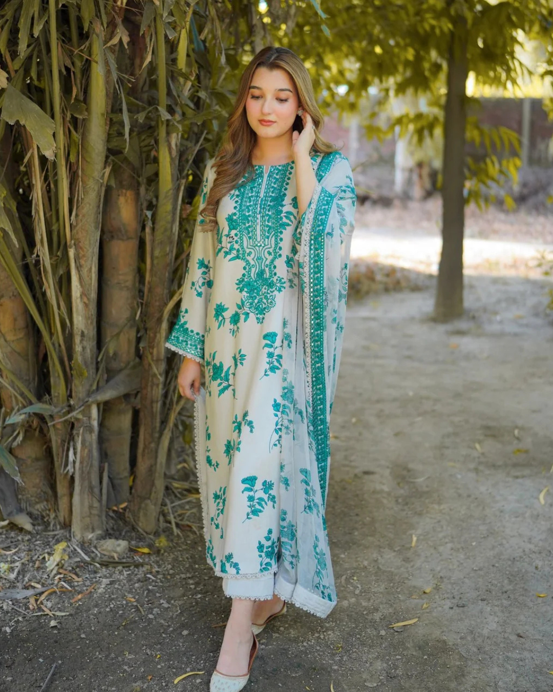 3-Piece Printed Lawn Suit with Heavy Embroidered & Mirror Work (Festive Design)