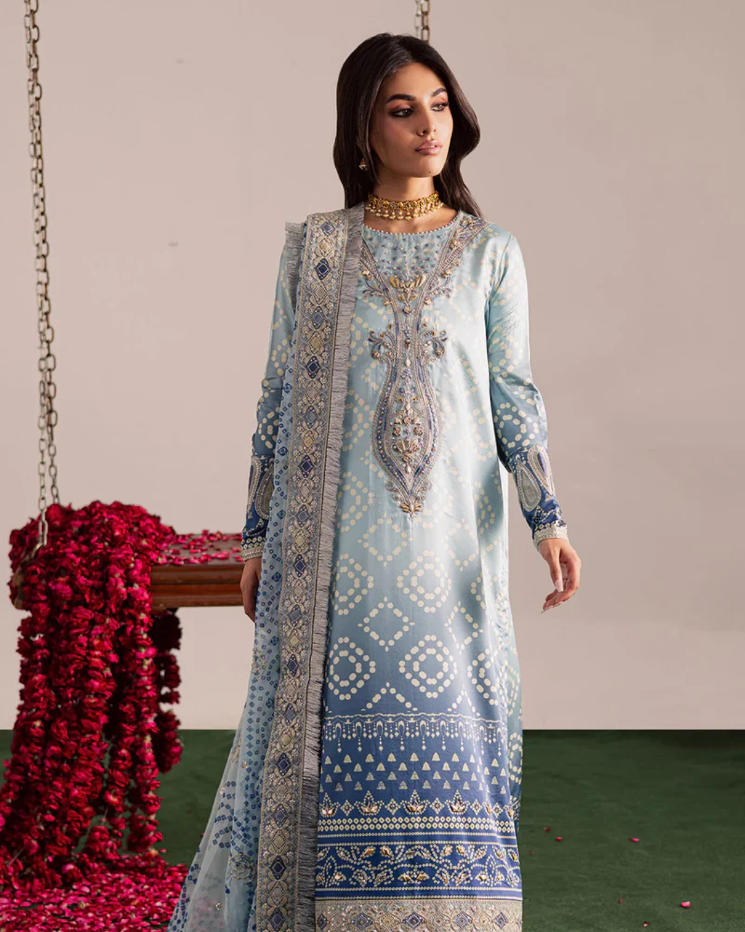 3-Piece Printed Lawn Suit with Embroidered Patches & Chiffon Dupatta