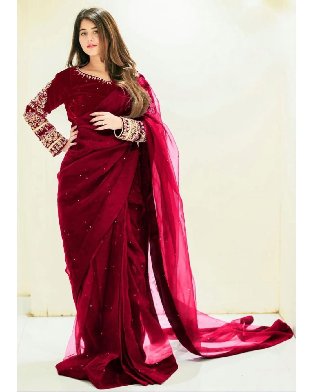 Pearl Embellished Chiffon Saree Set