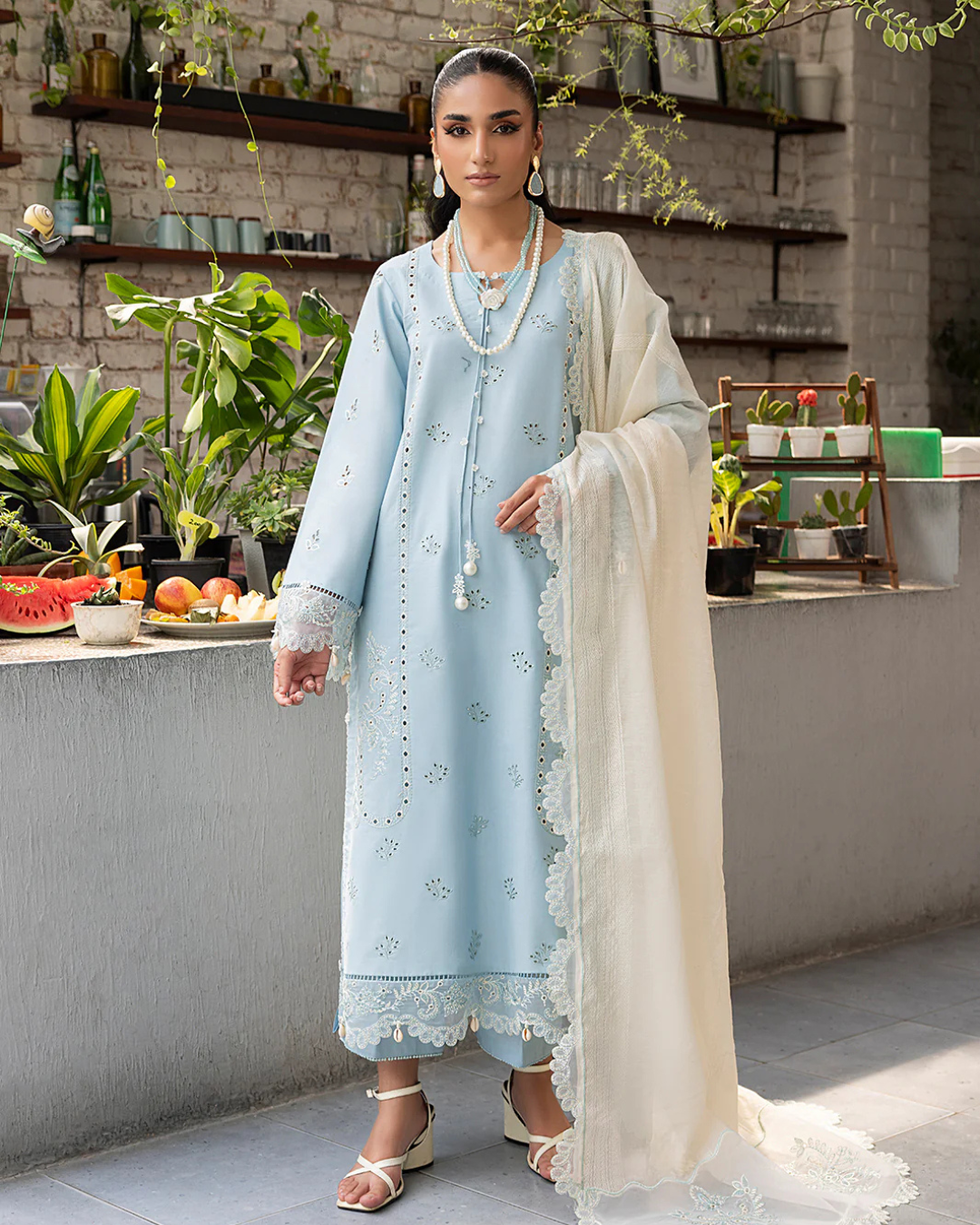 3-Piece Heavy Chikankari Embroidered Lawn Suit with Organza Dupatta