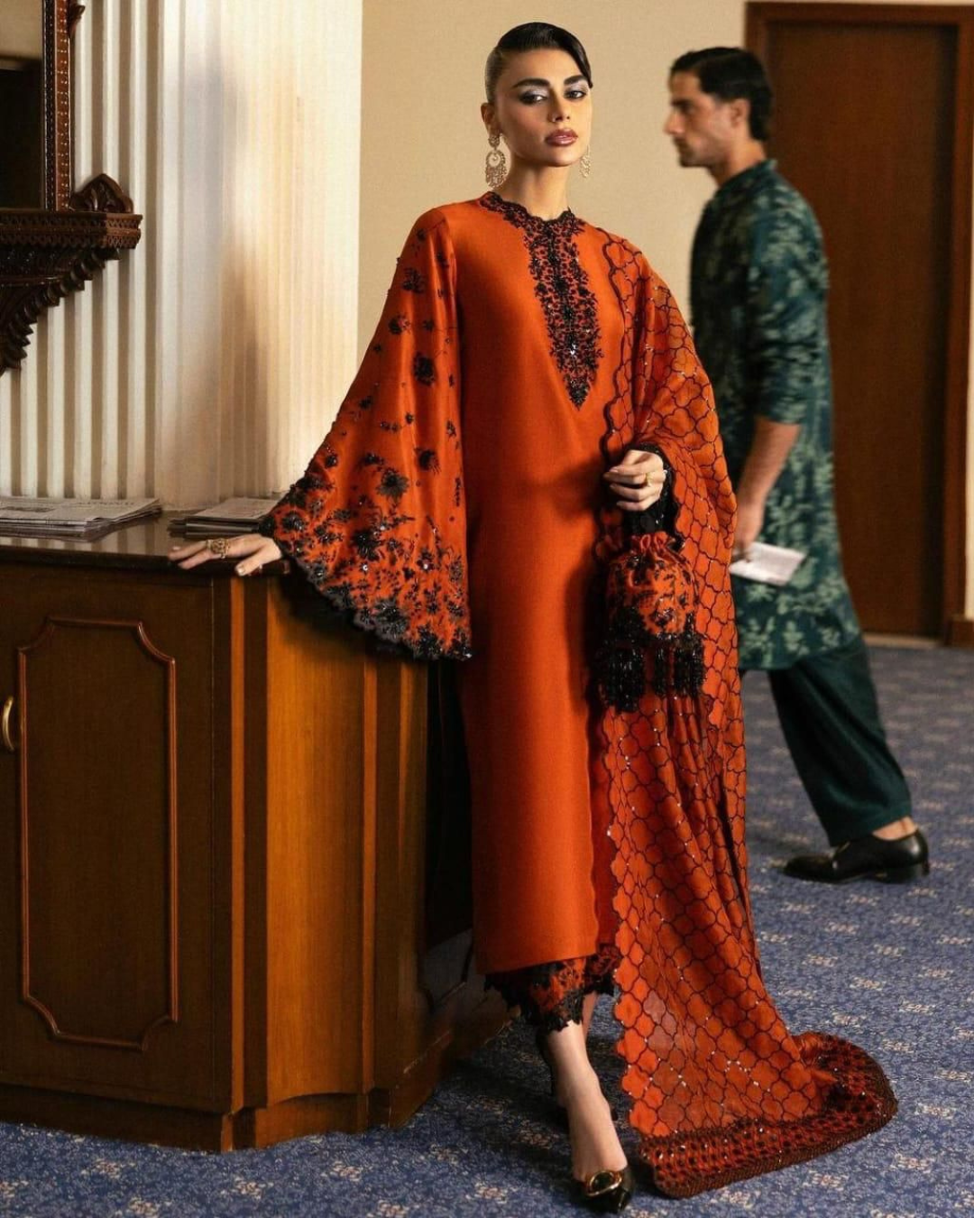 3-Piece Heavy Embroidered Raw Silk Suit with Organza Dupatta