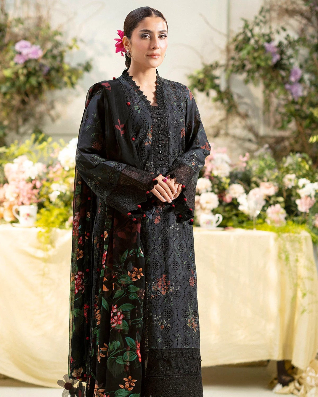 3-Piece Printed Lawn Suit with Heavy Embroidered Chickenkari Details