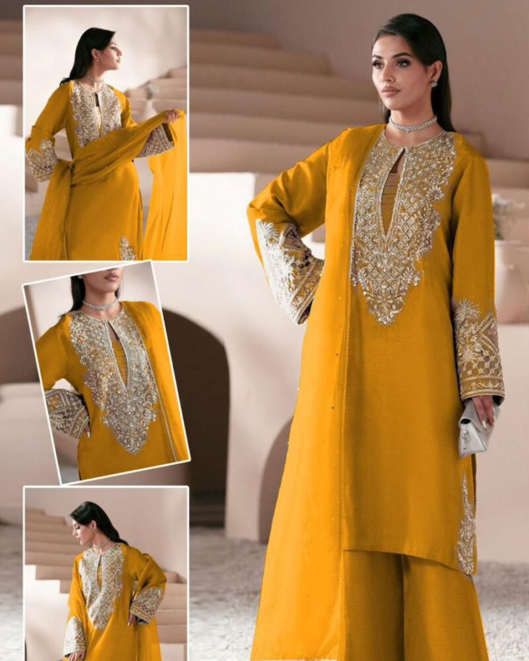 3-Piece Embroidered Shisha Silk Suit with Organza Dupatta