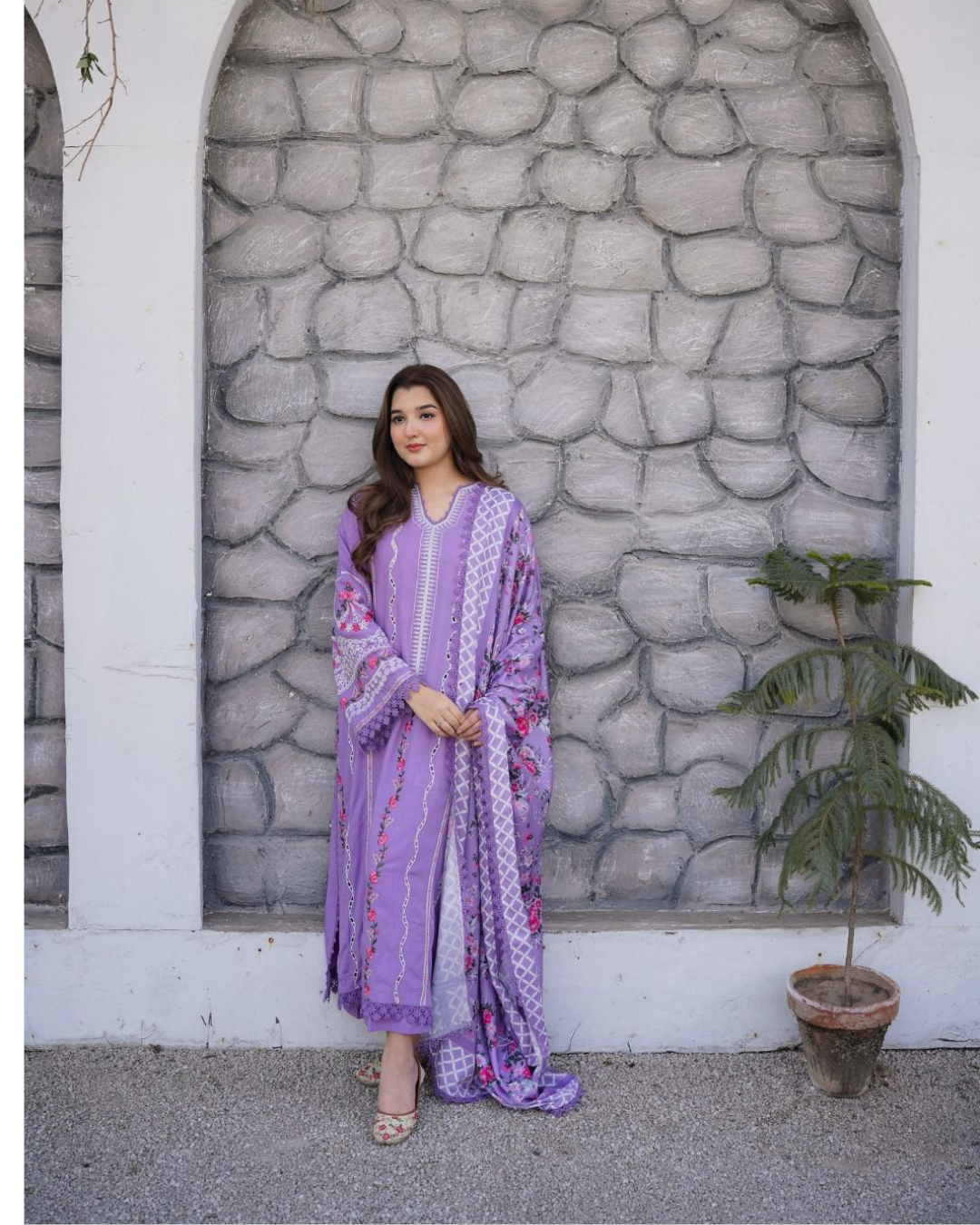 3-Piece Chikankari Embroidered Lawn Suit with Digital Silk Dupatta