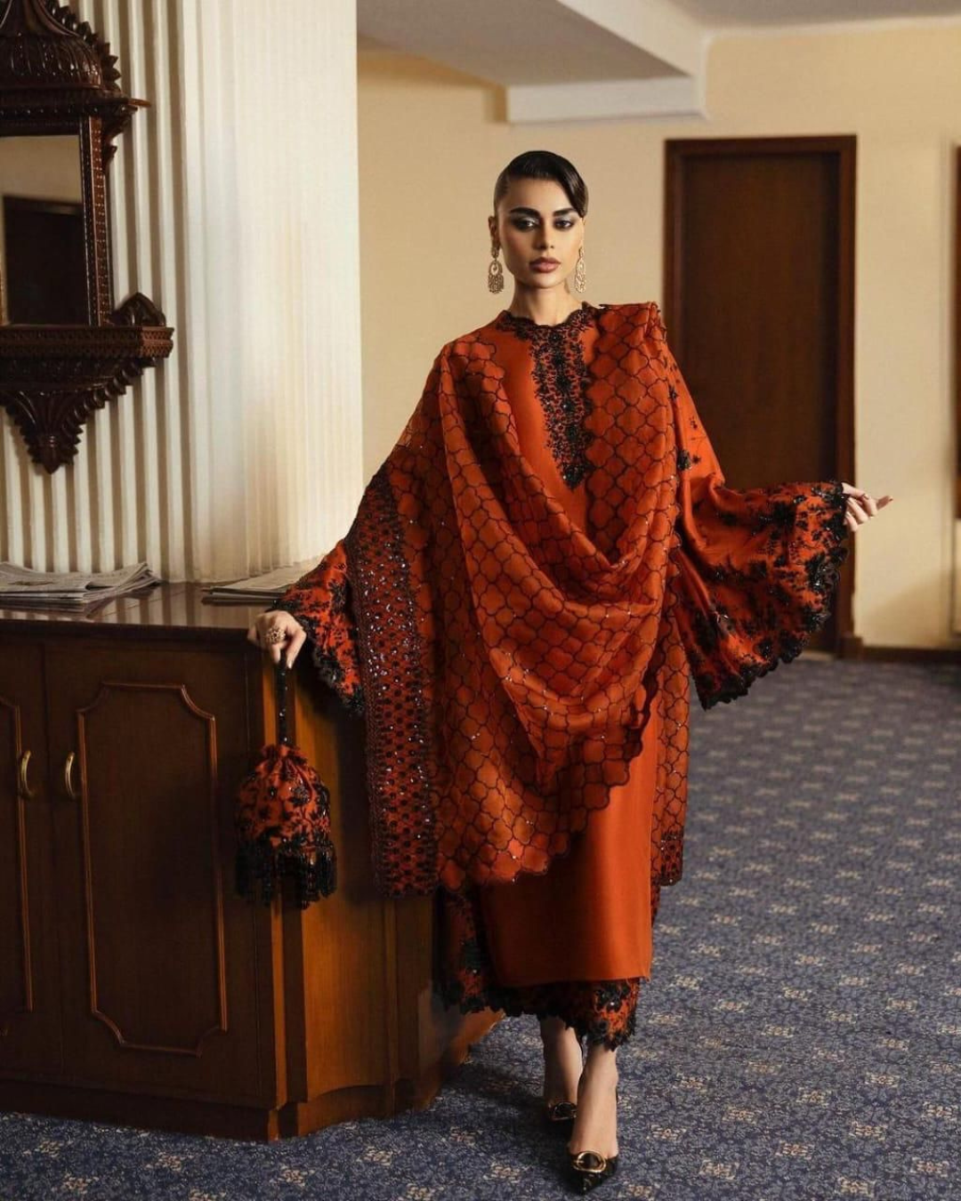 3-Piece Heavy Embroidered Raw Silk Suit with Organza Dupatta