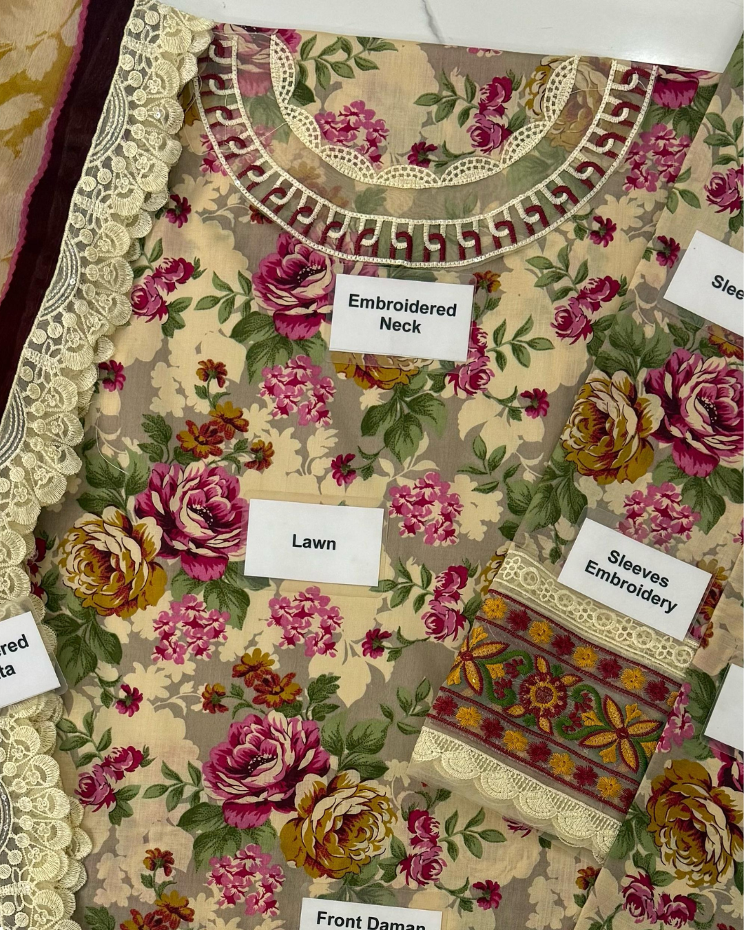 3-Piece Unstitched Lawn Suit with Embroidered Patches & Chiffon Dupatta