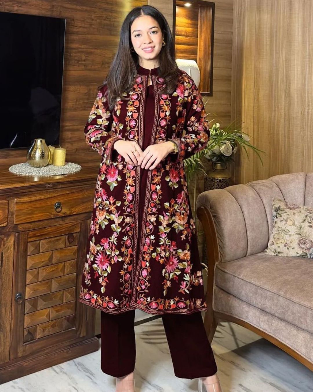 Embroidered Silk Coat Set (3PC)
