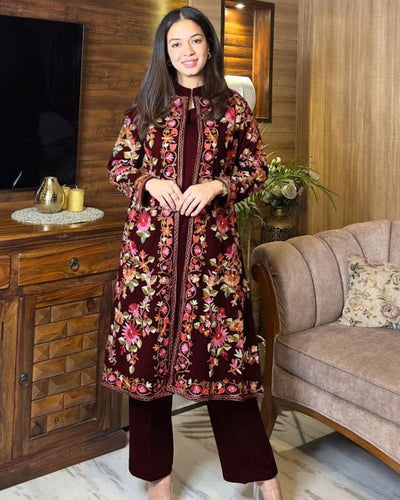 Embroidered Silk Coat Set (3PC)