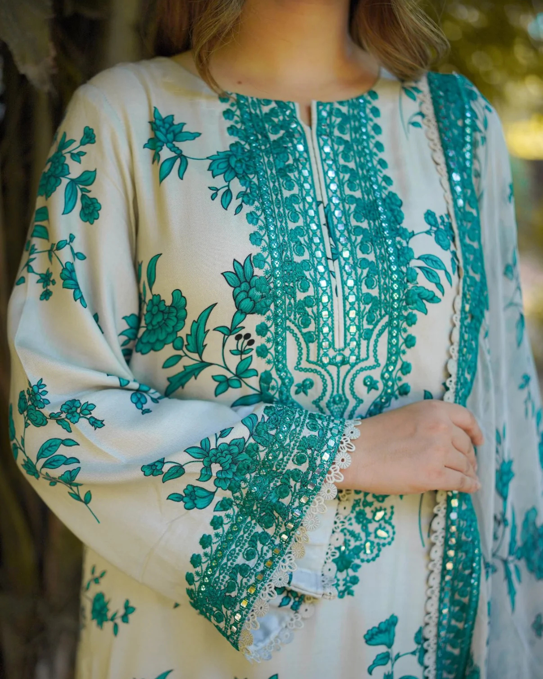 3-Piece Printed Lawn Suit with Heavy Embroidered & Mirror Work (Festive Design)