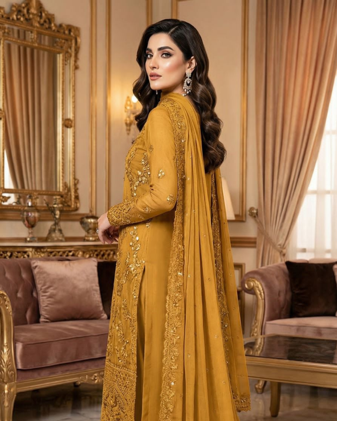 3-Piece Heavy Embroidered Chiffon Suit with Silk Trouser