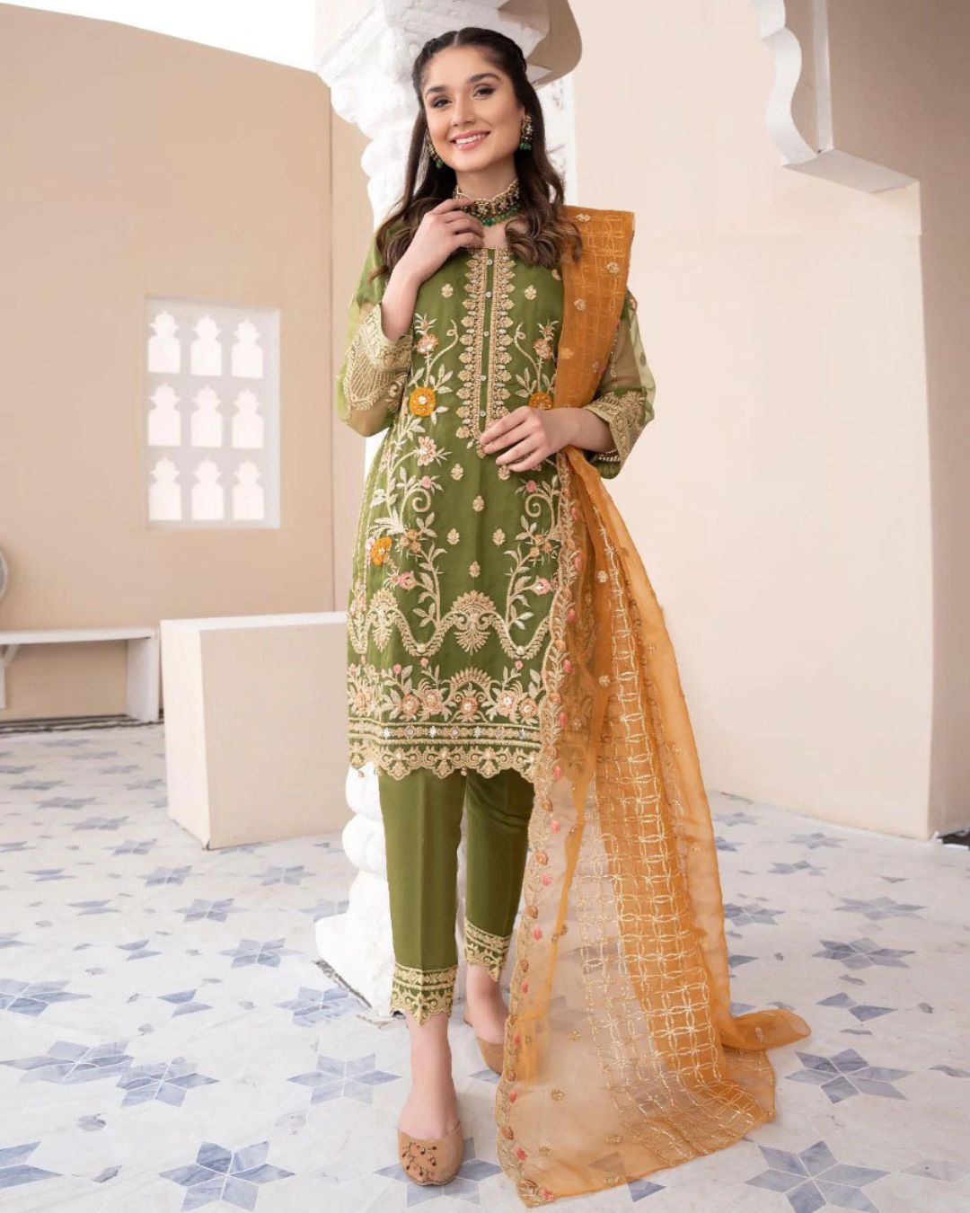 Heavy Embroidered Organza Suit (3PC)