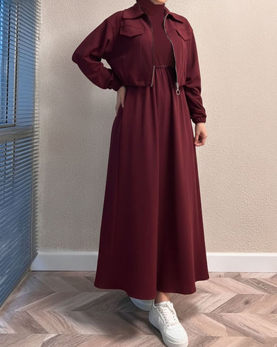 Zipper Jacket & Sleeveless Frock Set (2PC)