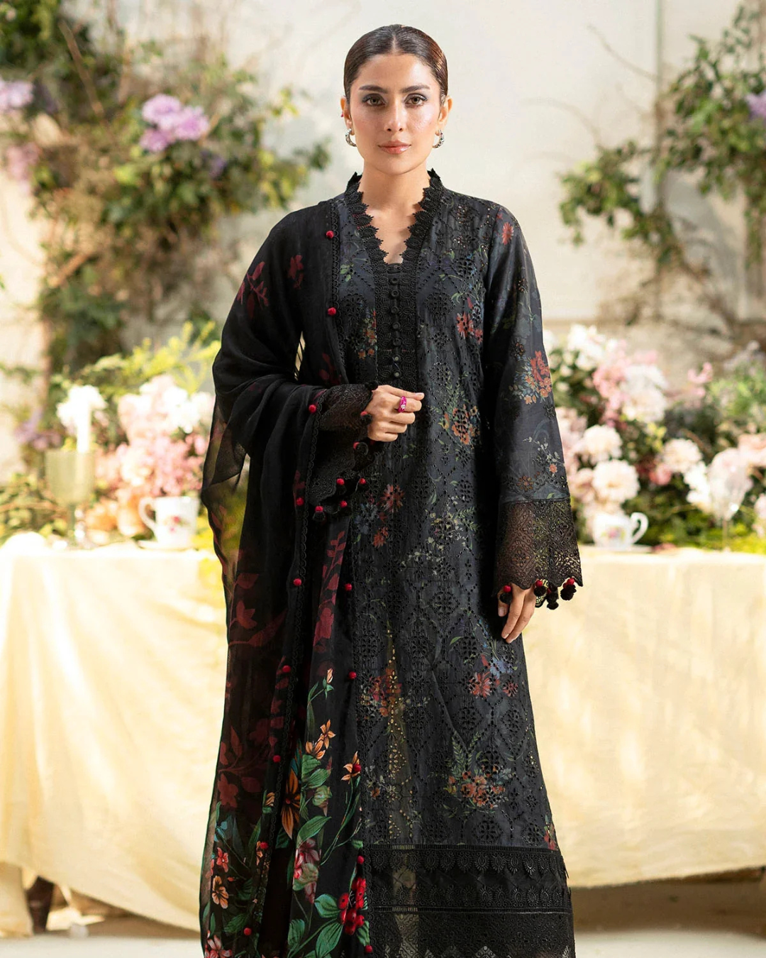 3-Piece Printed Lawn Suit with Heavy Embroidered Chickenkari Details