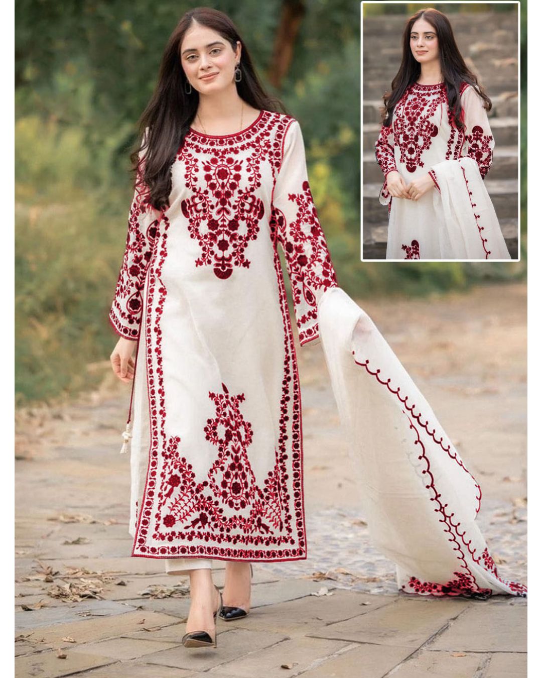 Heavy Embroidered Organza Suit (3PC)