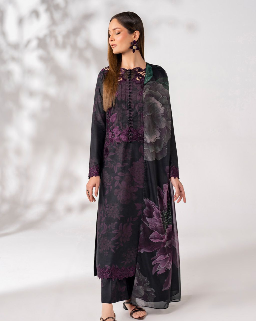 3-Piece Printed Lawn Suit with Heavy Chickenkari Embroidery & Chiffon Dupatta