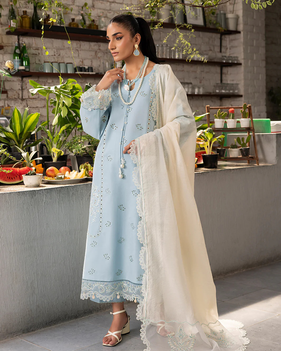 3-Piece Heavy Chikankari Embroidered Lawn Suit with Organza Dupatta