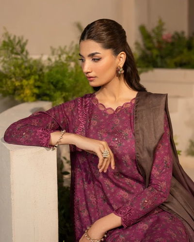 3-Piece Printed Lawn Suit with Intricate Embroidery & Chiffon Dupatta