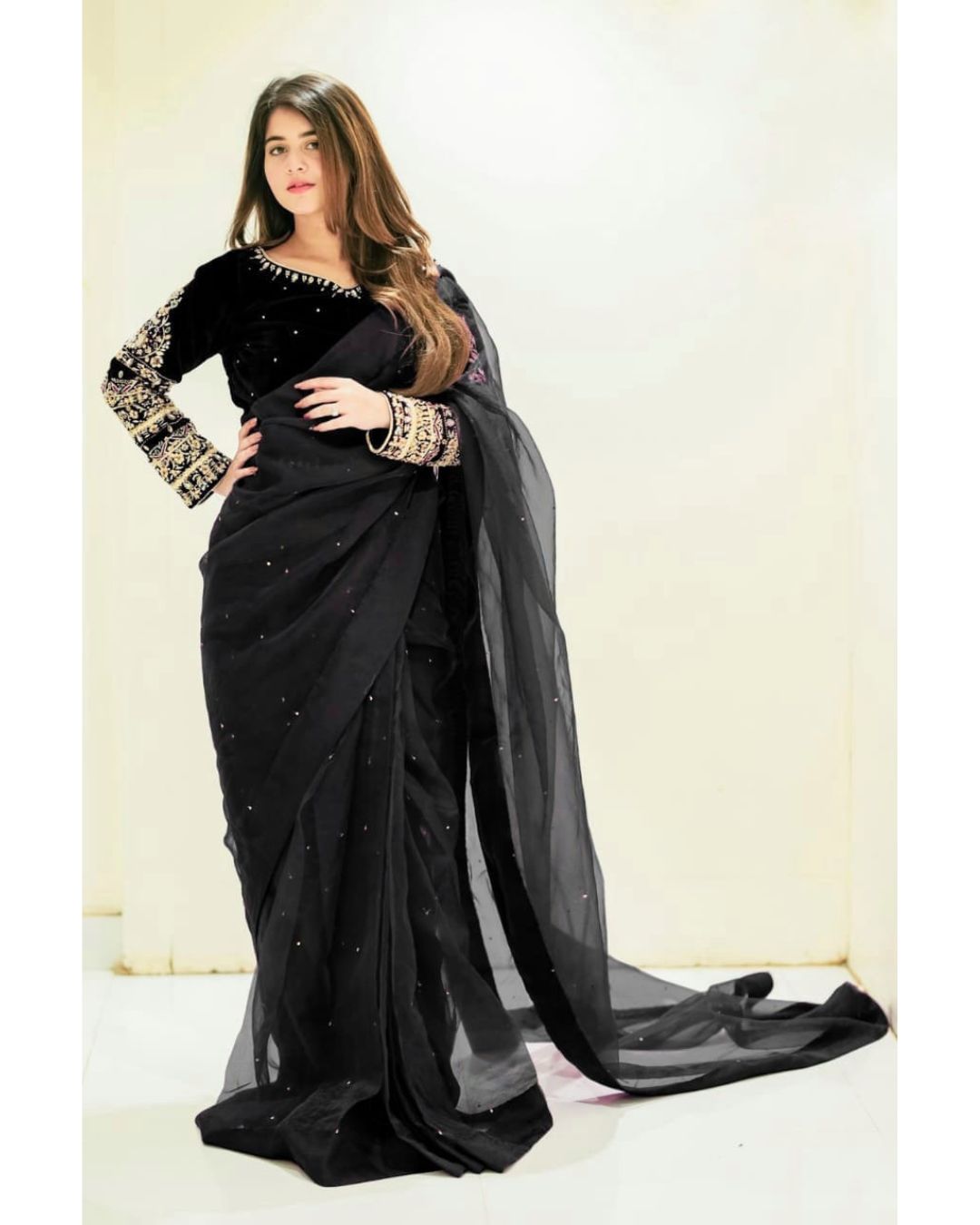 Pearl Embellished Chiffon Saree Set