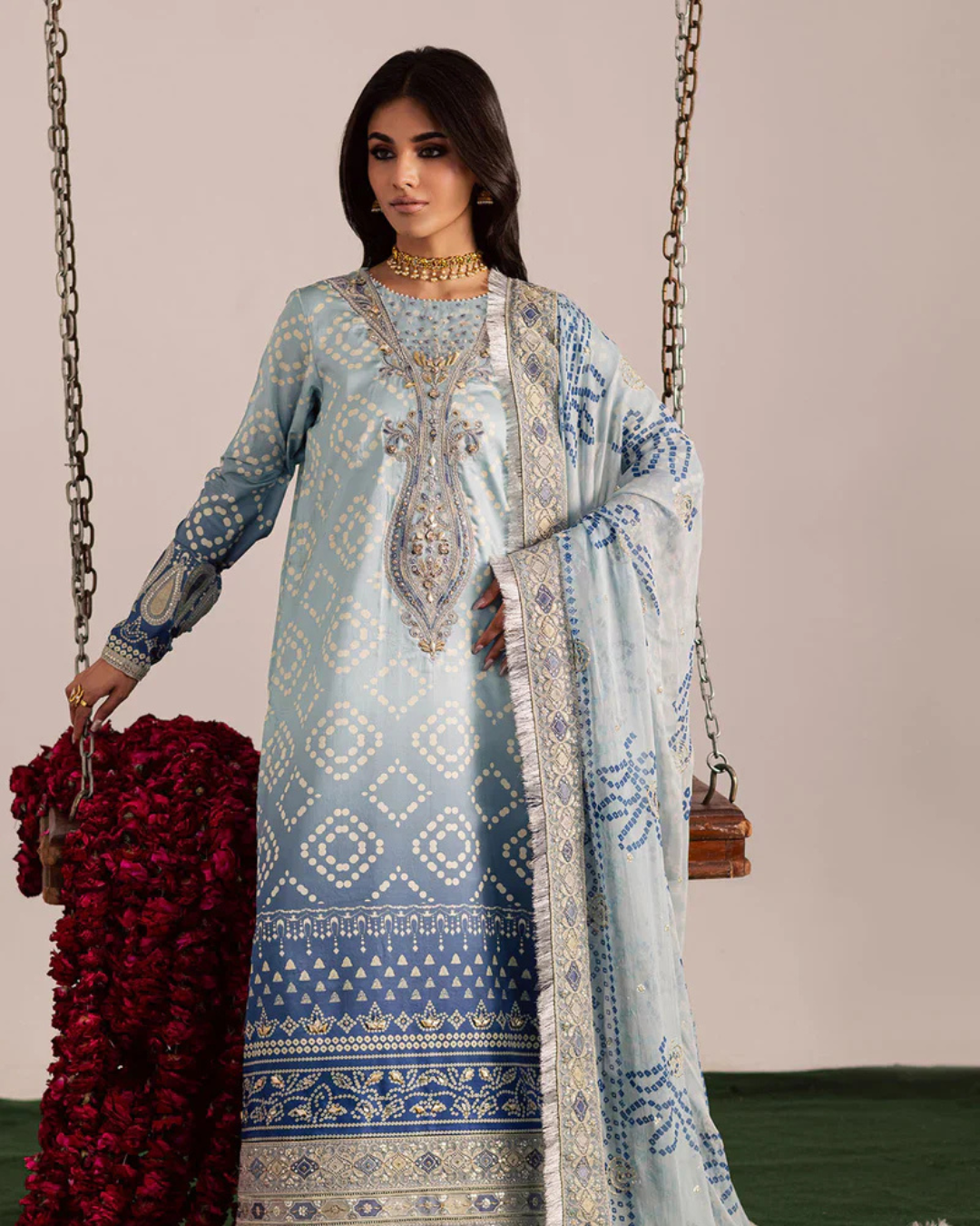 3-Piece Printed Lawn Suit with Embroidered Patches & Chiffon Dupatta