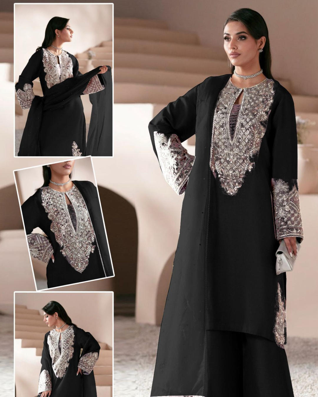 3-Piece Embroidered Shisha Silk Suit with Organza Dupatta