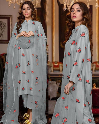 Rose Embroidered Silk Suit (3PC)