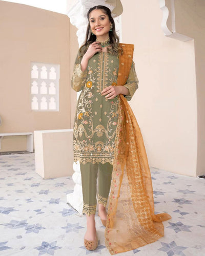 Heavy Embroidered Organza Suit (3PC)