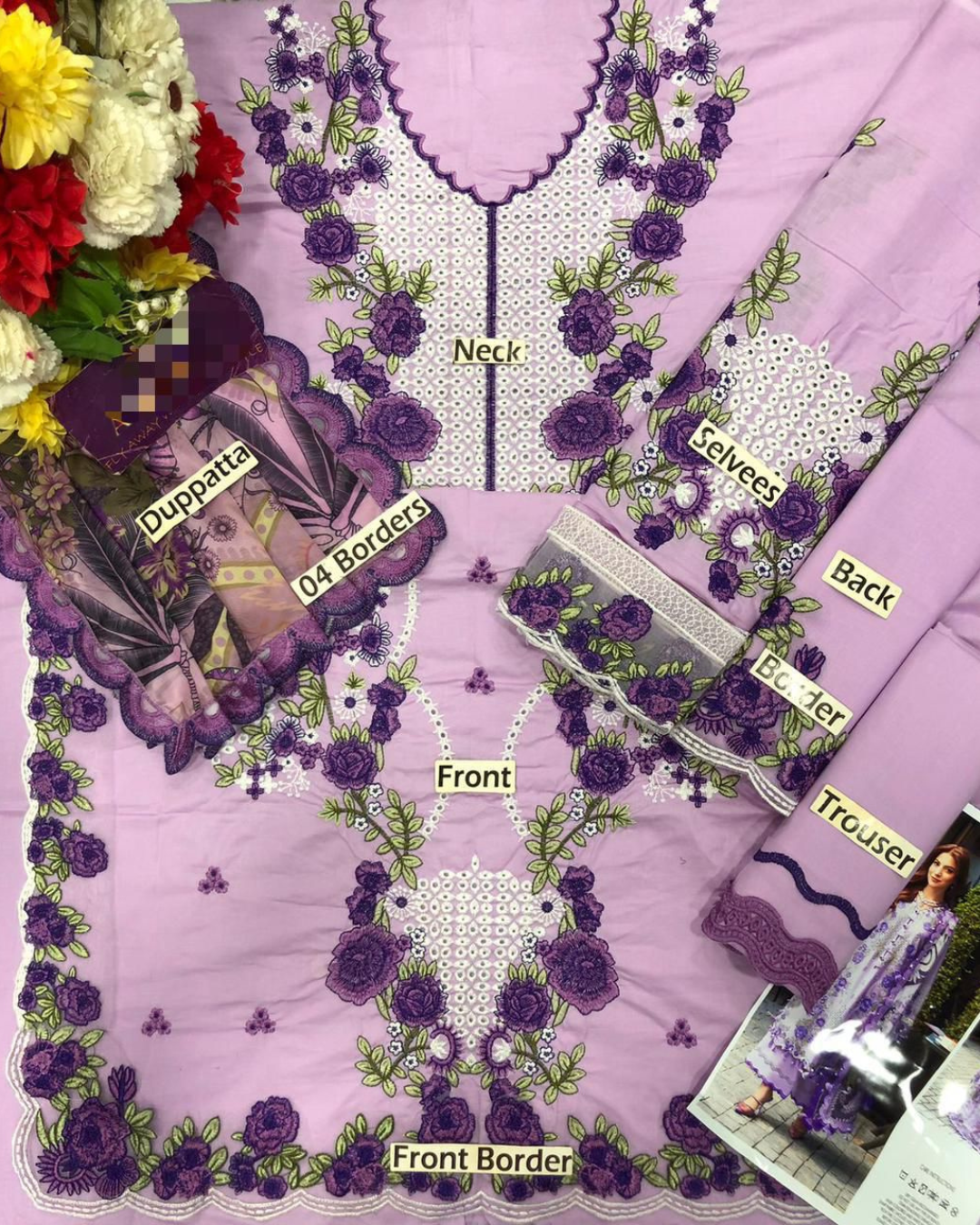 3-Piece Embroidered Lawn Suit with Silk Printed Dupatta