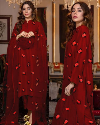 Rose Embroidered Silk Suit (3PC)