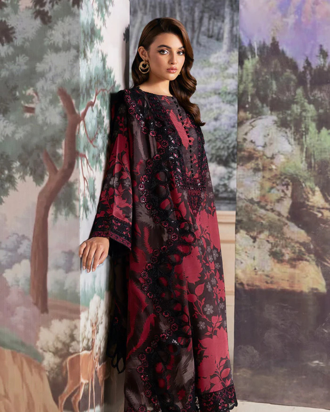 3-Piece Unstitched Printed Lawn Suit with Embroidered Patches & Chiffon Dupatta
