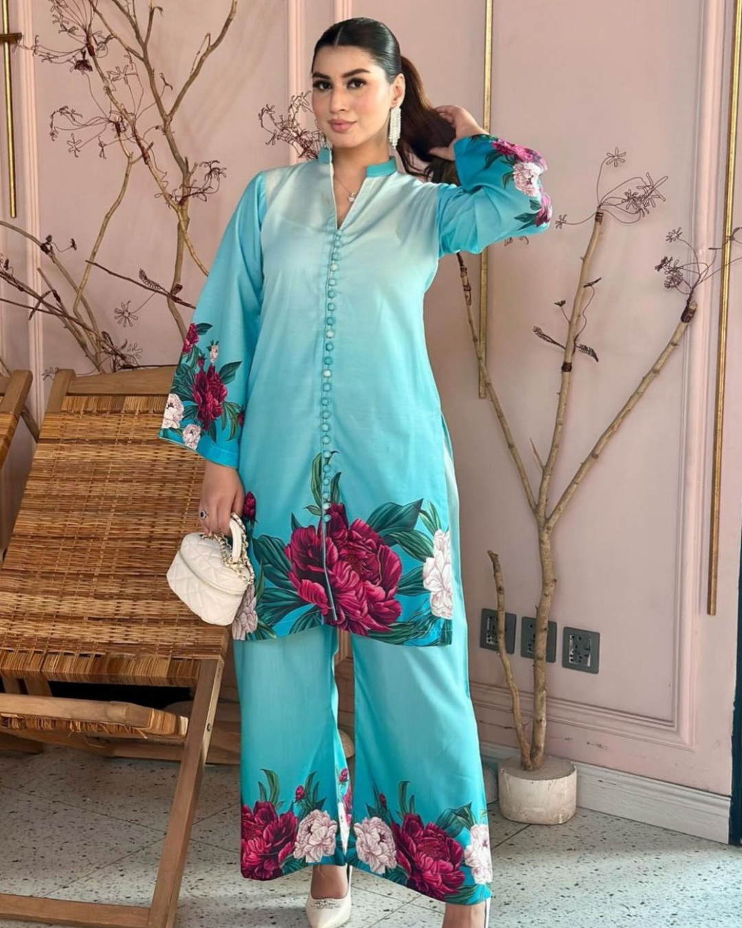 2-Piece Digital Floral Print Silk Co-Ord Set