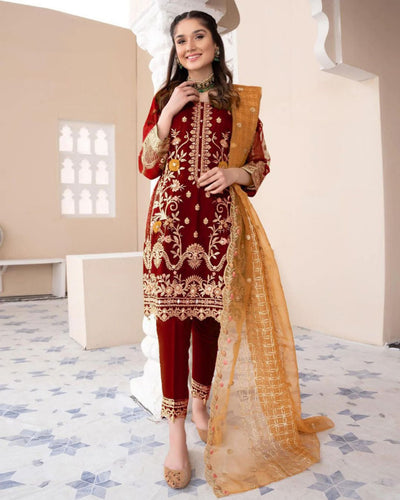 Heavy Embroidered Organza Suit (3PC)