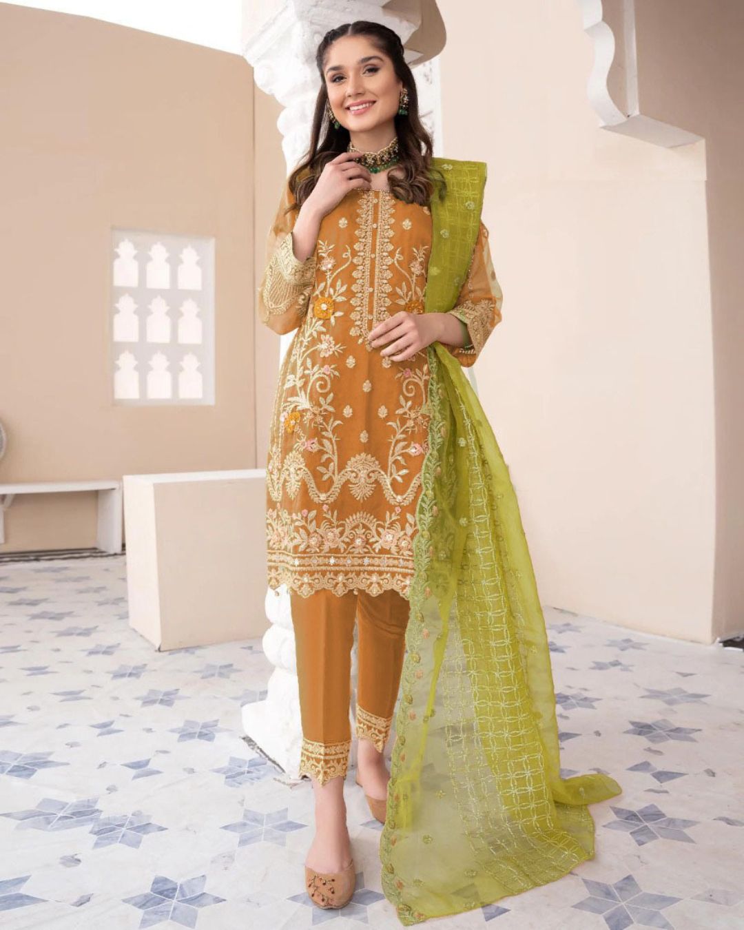 Heavy Embroidered Organza Suit (3PC)